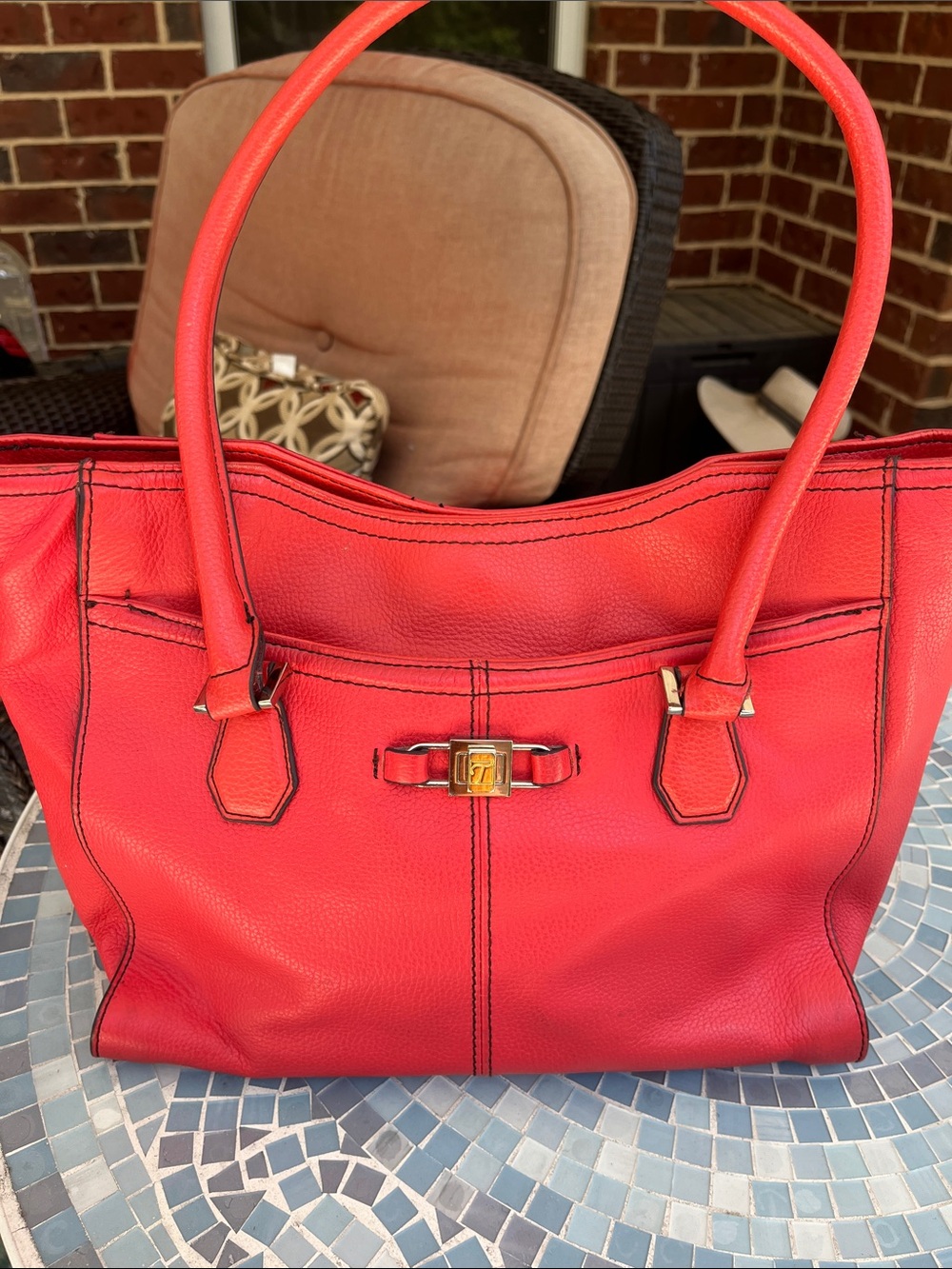 Tignanello Red Pebbled Leather Tote Bag Large Shoulder Purse Turn Lock Accent
